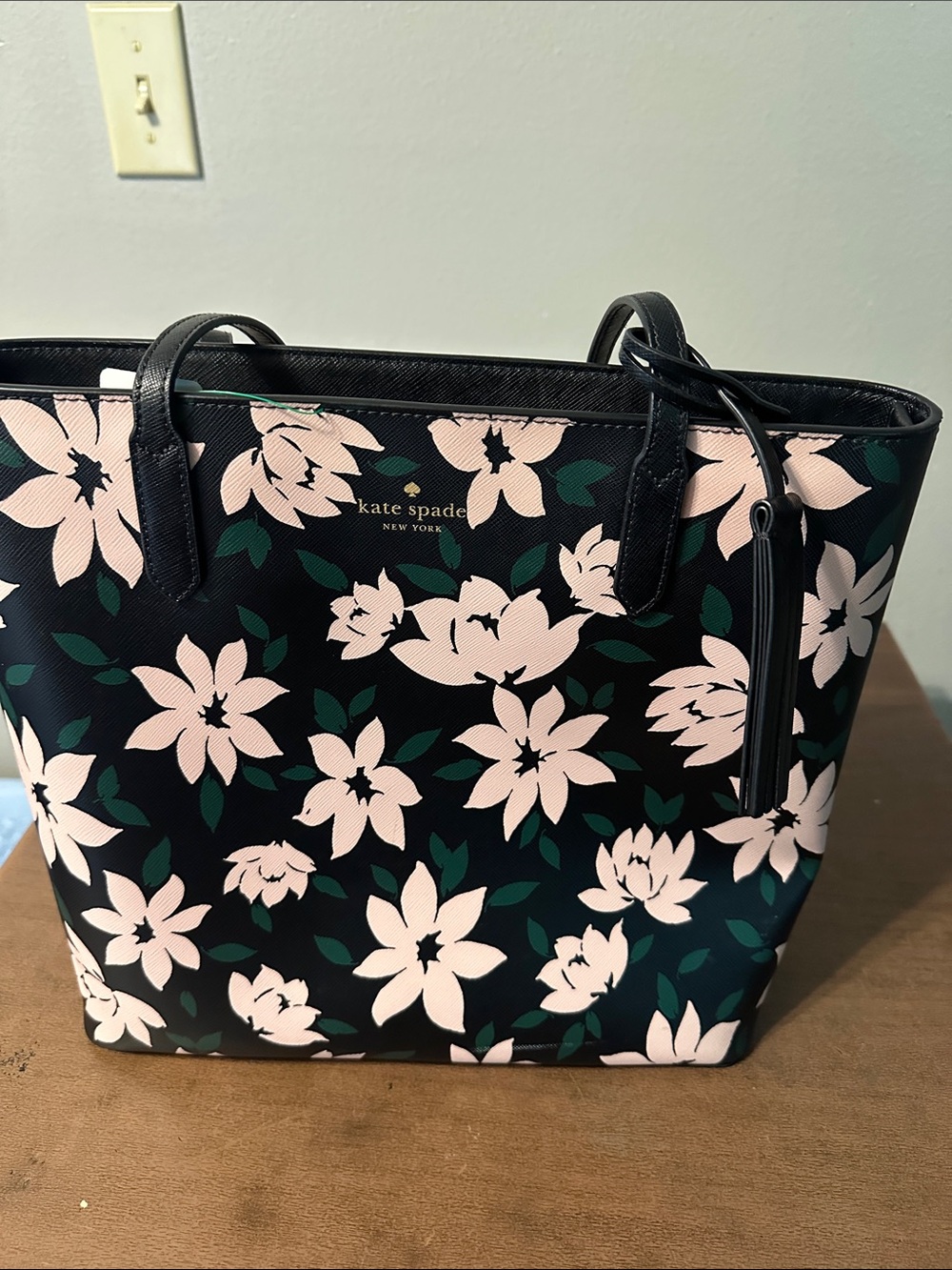 Kate Spade Jana Black Floral Tote with Pink Flowers and Green Leaves - Picture 3 of 6